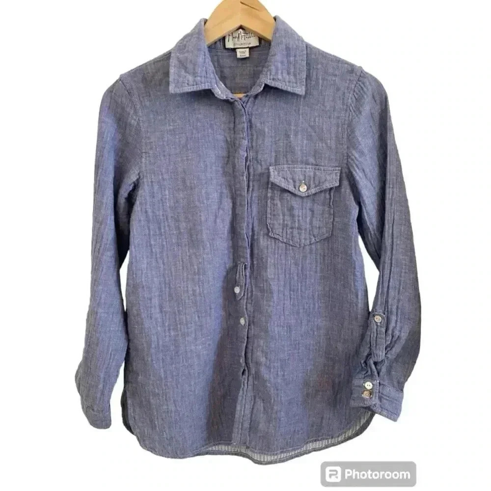Mary McFadden Womens Blue Chambray Button Down Shirt